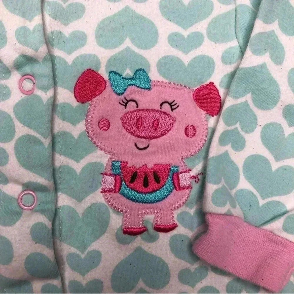 Pekkle Footed Onesie Pajamas White / Blue / Pink Hearts  / Pig Size 3 Months - Picture 4 of 16